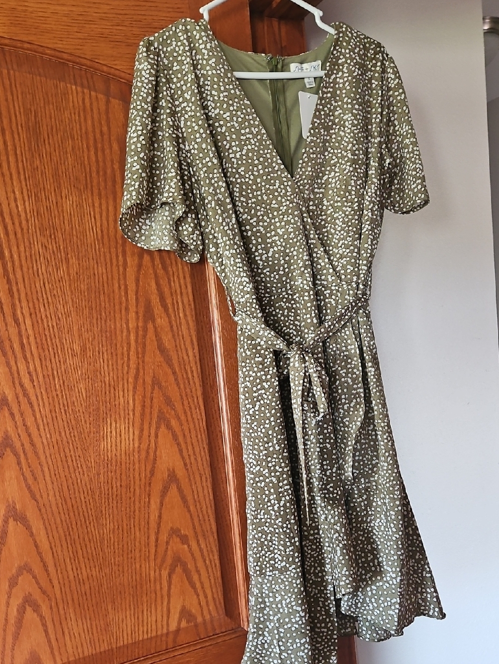 She + Sky Olive Green Printed Wrap Mini Dress